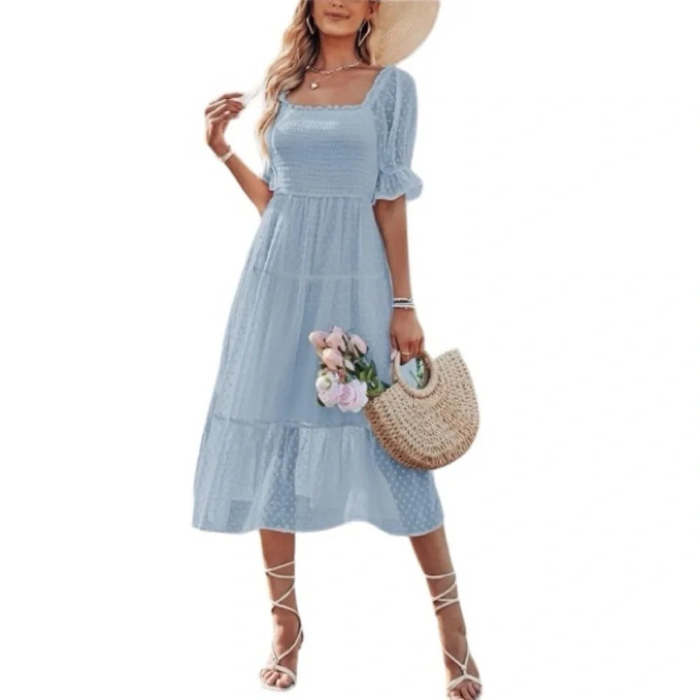 NEW Women's 2024 Summer Square Neck Puff Sleeve Boho Midi Dress